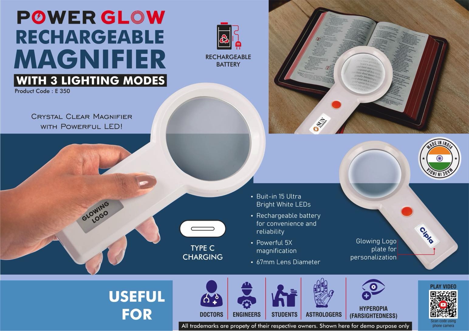 PowerGlow Rechargeable Magnifier with 3 lighting modes &
Glowing Logo plate | Type C charging -
https://youtu.be/F5euIX-iHGc