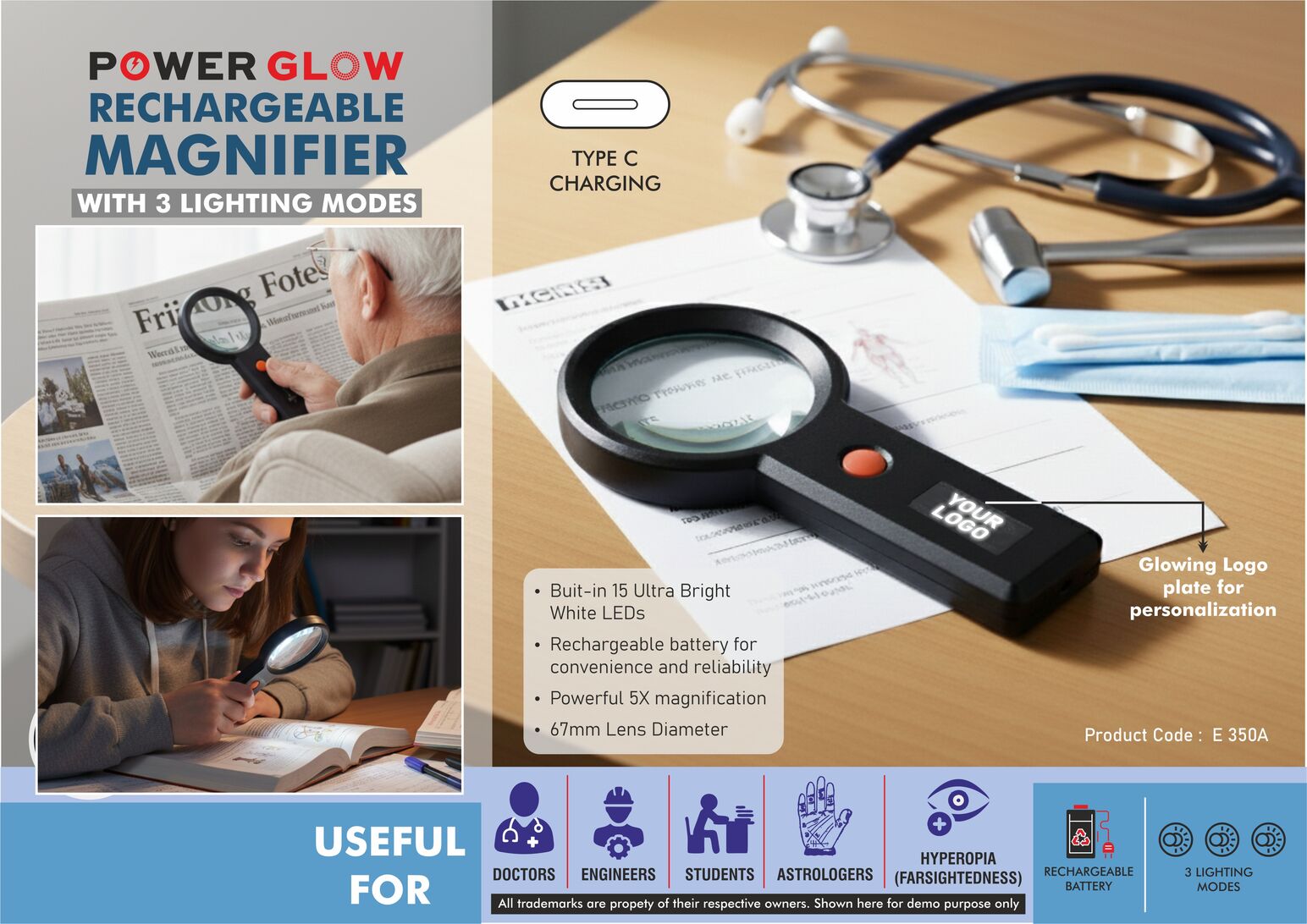 PowerGlow Rechargeable Magnifier with 3 lighting modes &
Glowing Black Logo plate | Type C charging -
https://youtu.be/F5euIX-iHGc