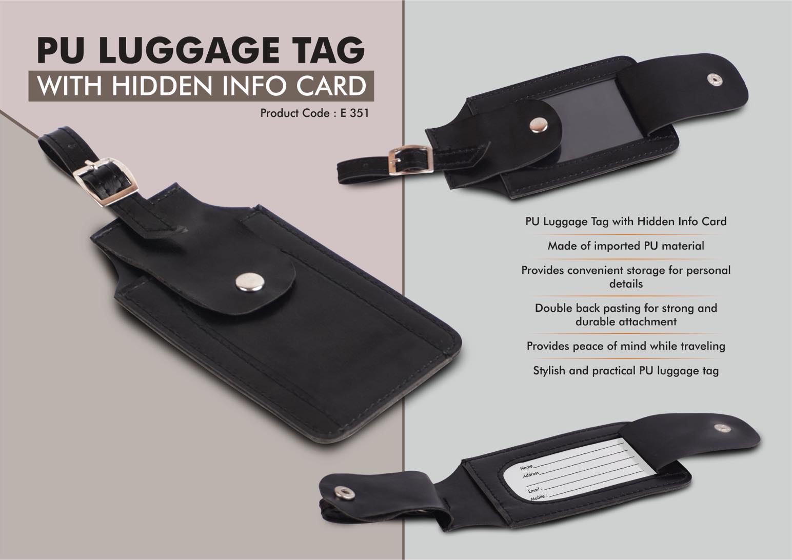 PU Luggage Tag with Hidden Info Card | Double back pasting