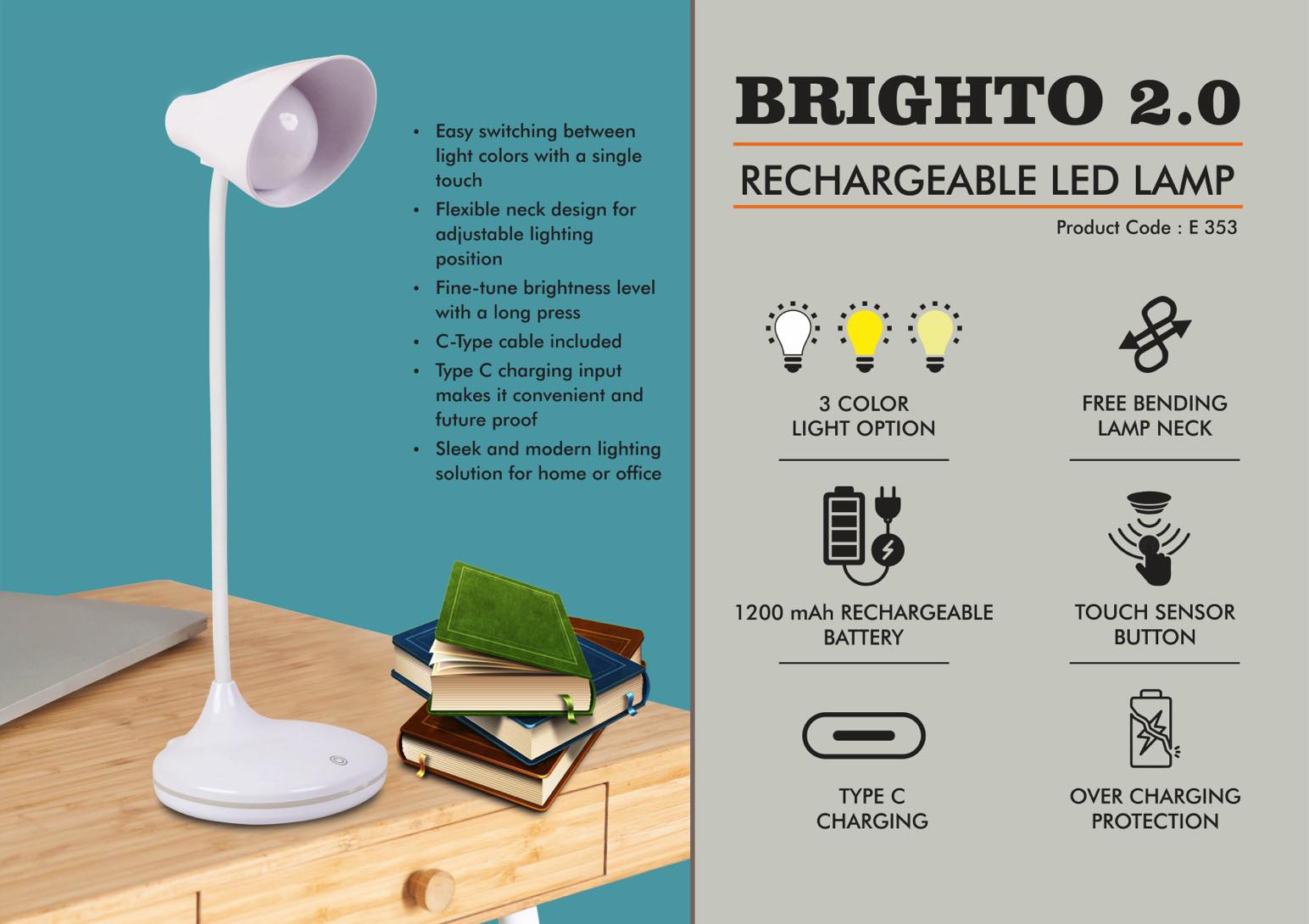 Brighto 2.0 : Rechargeable LED lamp | 3 Color light with
Brightness adjustment | Type C Charging