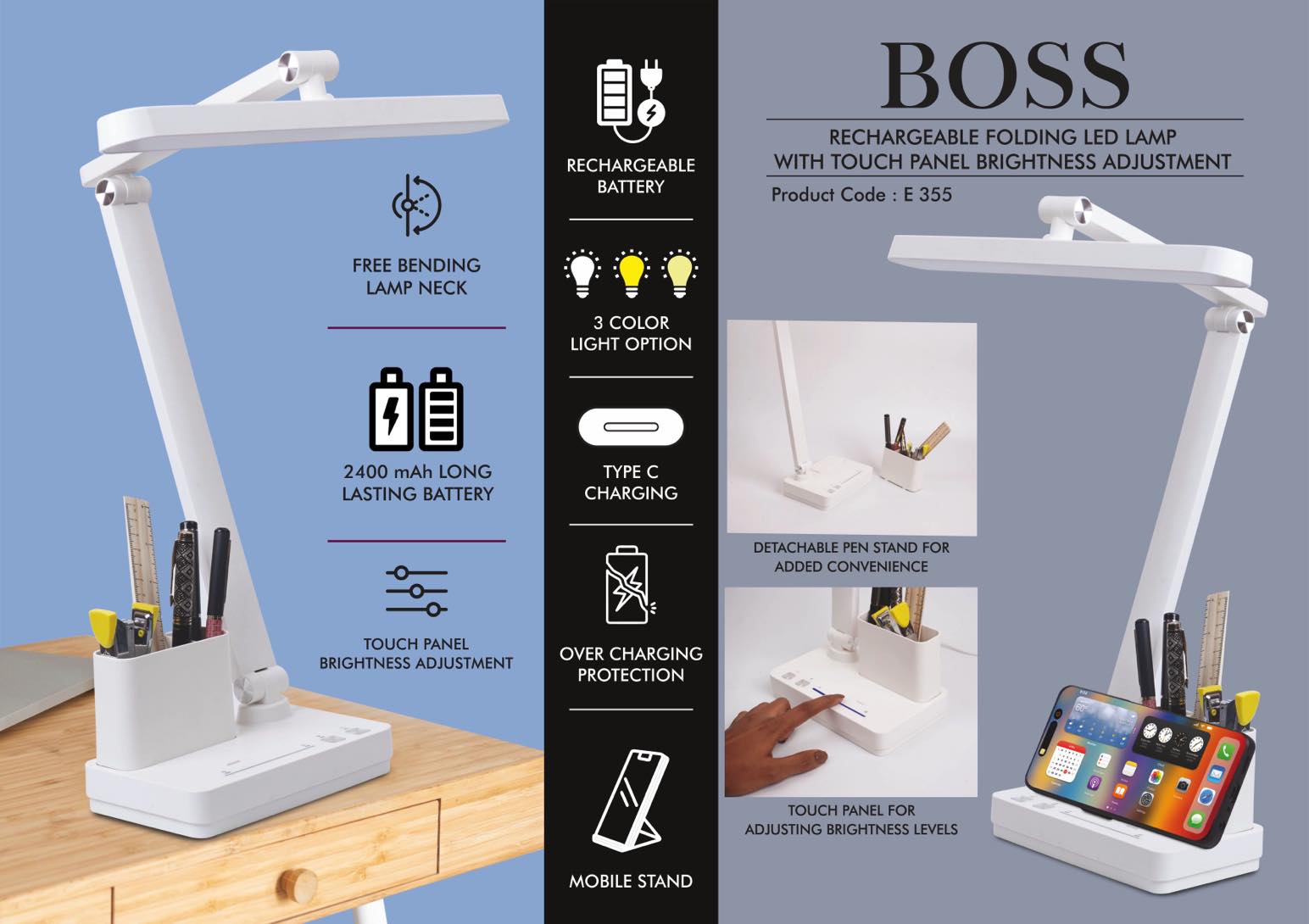 Boss : Rechargeable Folding LED lamp with Touch panel
Brightness adjustment | Pen & Mobile Stand -
https://youtu.be/C_AtSrHSC3c