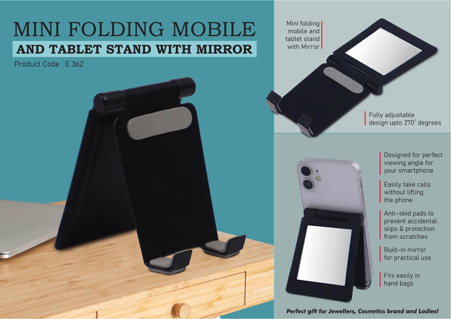 Mini metal folding mobile and tablet stand with Mirror | Adjustable
to any desired angle