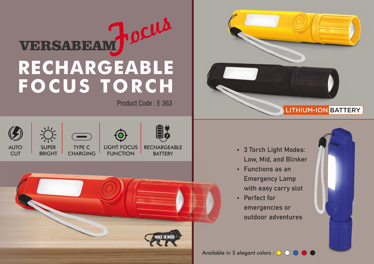 VersaBeam Focus: Rechargeable Focus Torch with 2 Light
modes, Blinker and Emergency Lamp | Type C Charging | With
Carabiner