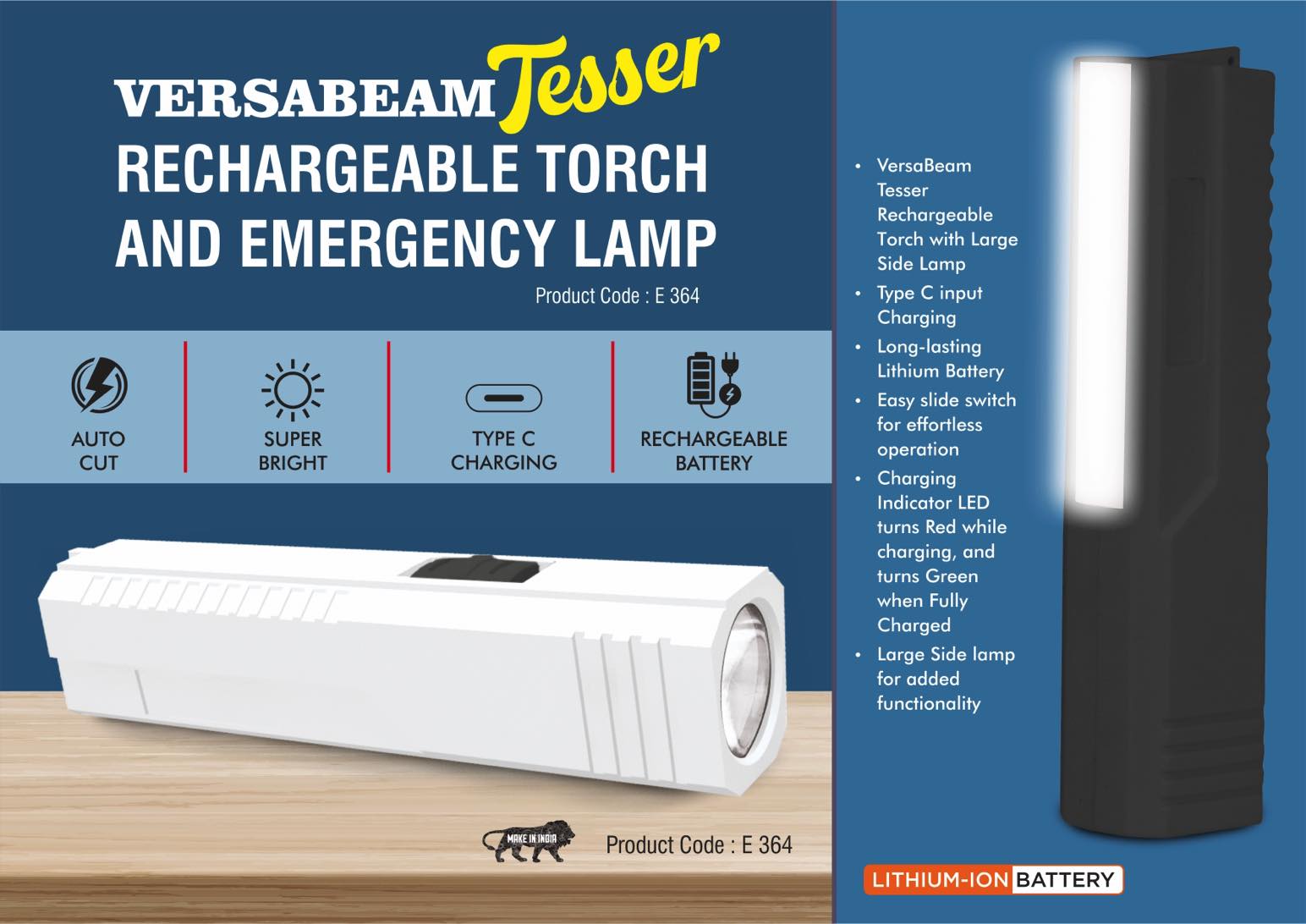 VersaBeam Tesser: Rechargeable Torch with Emergency Lamp
| Type C Charging