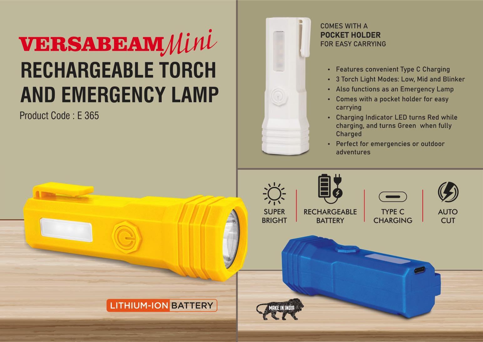 VersaBeam Mini: Rechargeable Torch with 2 Light modes,
Blinker and Emergency Lamp | Type C Charging | With Pocket
Clip