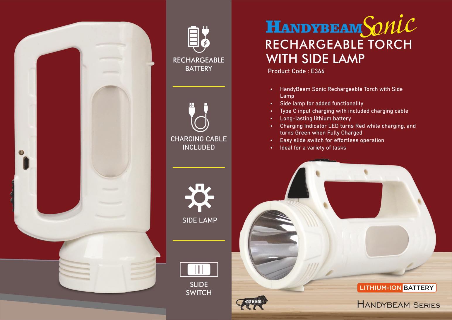 HandyBeam Sonic: Rechargeable Torch with Side Lamp |
Charging Cable included