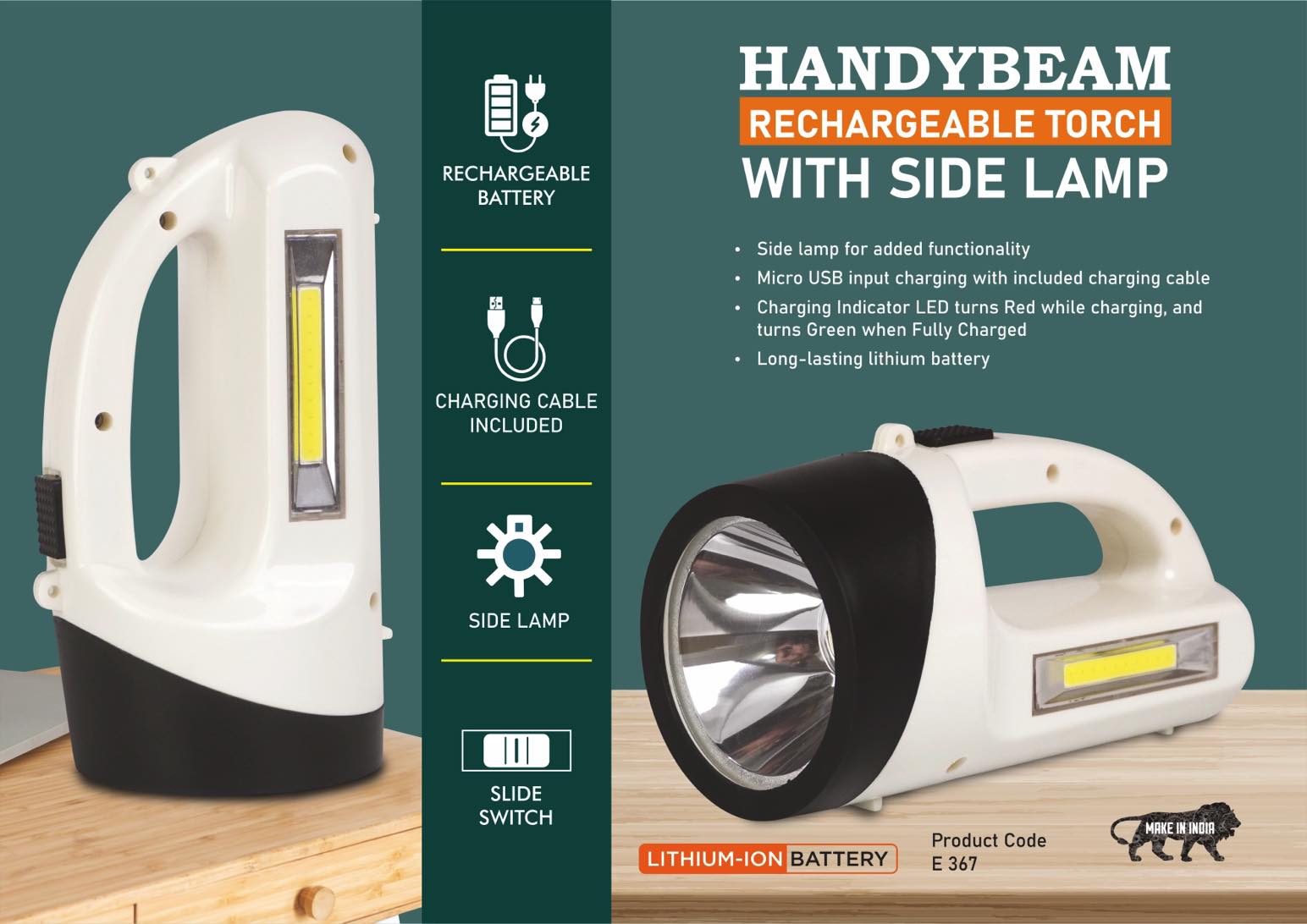 HandyBeam: Rechargeable Torch with Side Lamp | Charging
Cable included