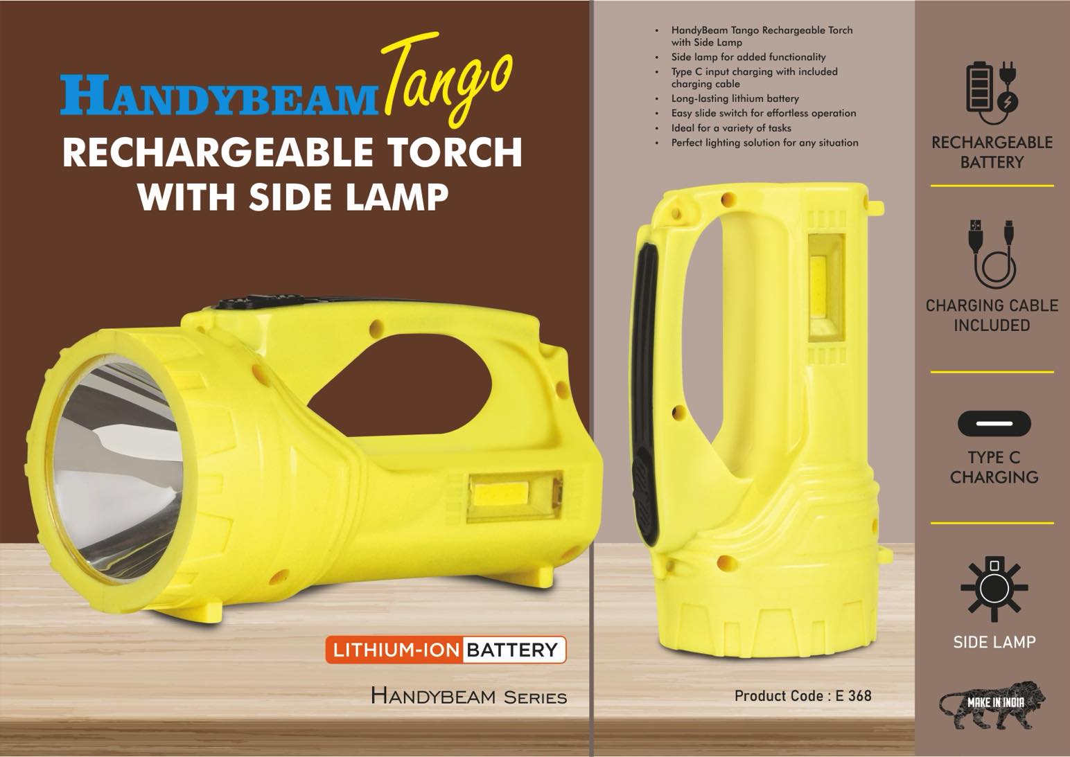 HandyBeam Tango: Rechargeable Torch with Side Lamp |
Charging Cable included