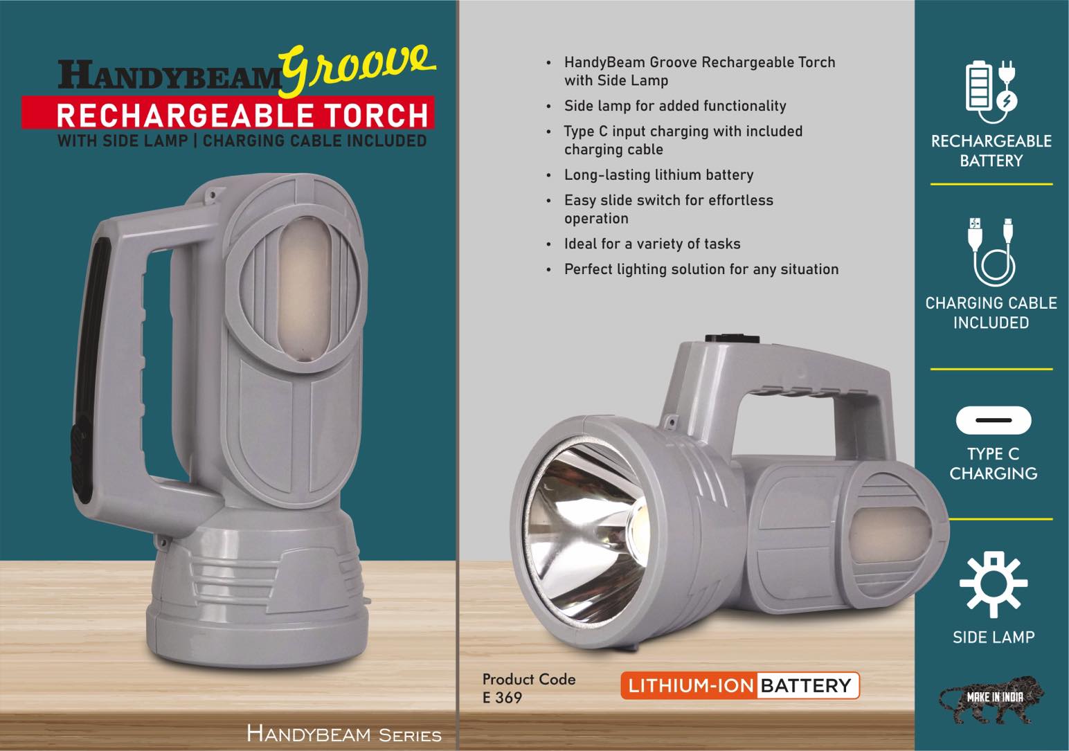 HandyBeam Groove: Rechargeable Torch with Side Lamp |
Charging Cable included