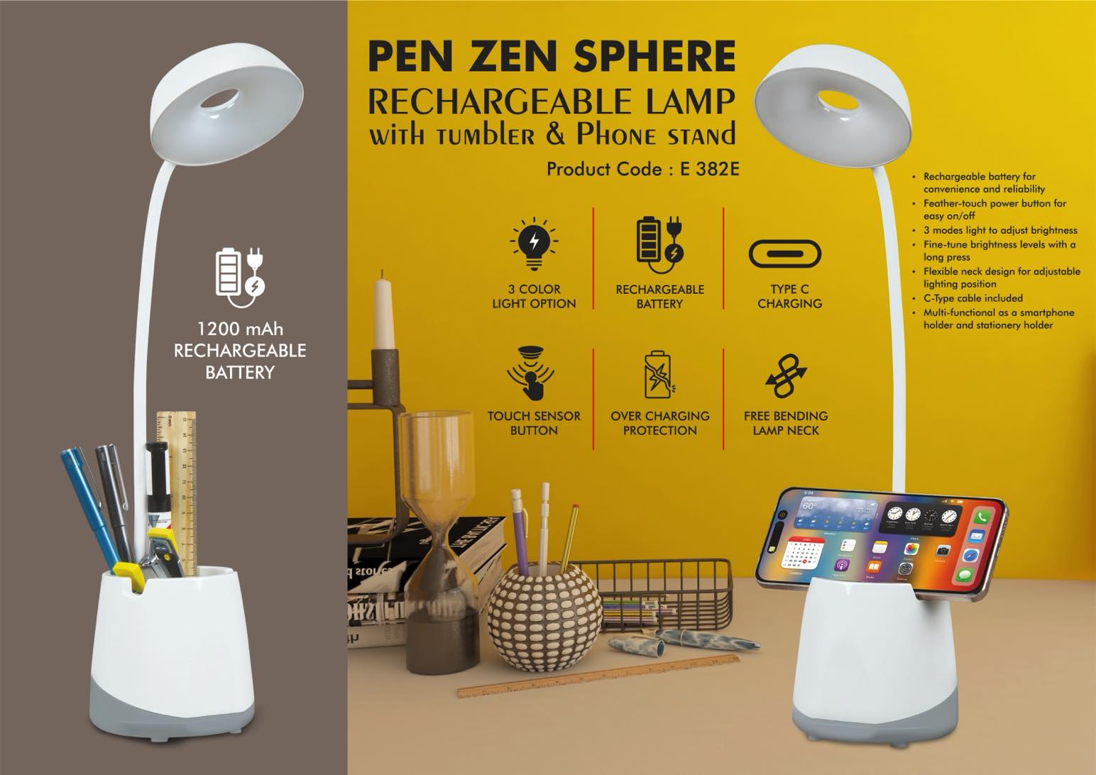 PenZen Sphere: Rechargeable lamp with tumbler & Phone stand
| 3 Color light with Brightness adjustment | Type C Charging |
1200 mAh battery -
https://youtu.be/dXfpzs0bLGM
