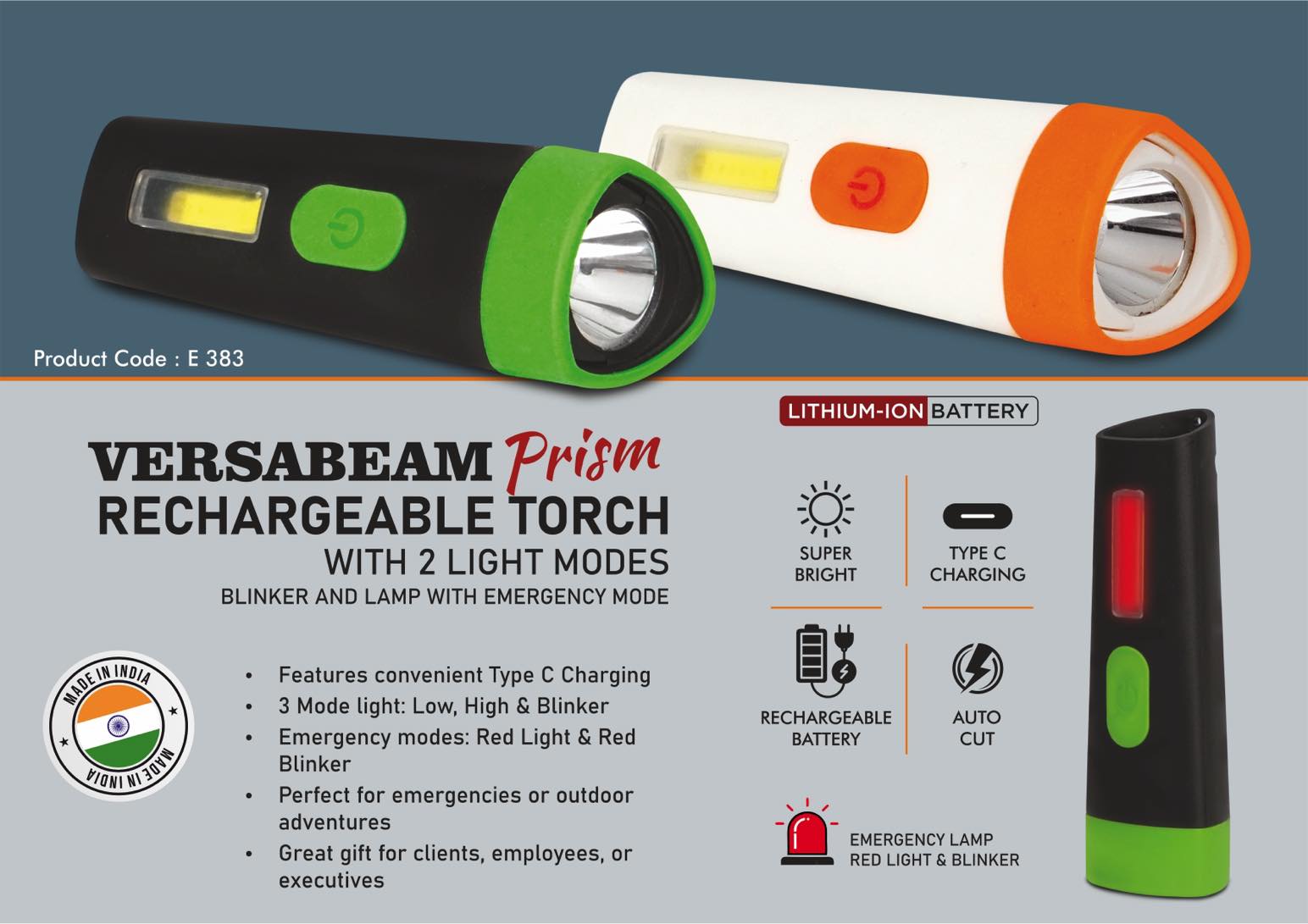 VersaBeam Prism: Rechargeable Torch with 2 light modes,
Blinker and Lamp with Emergency mode | Type C Charging -
https://youtu.be/M06aY6iJi_M