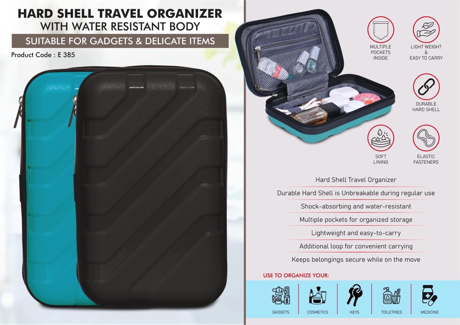 Hard Shell Travel Organizer with unbreakable shell | Suitable for
Gadgets & Delicate items | Shock absorbing & Water Resistant -
https://youtu.be/aoPAwKQ1Cws