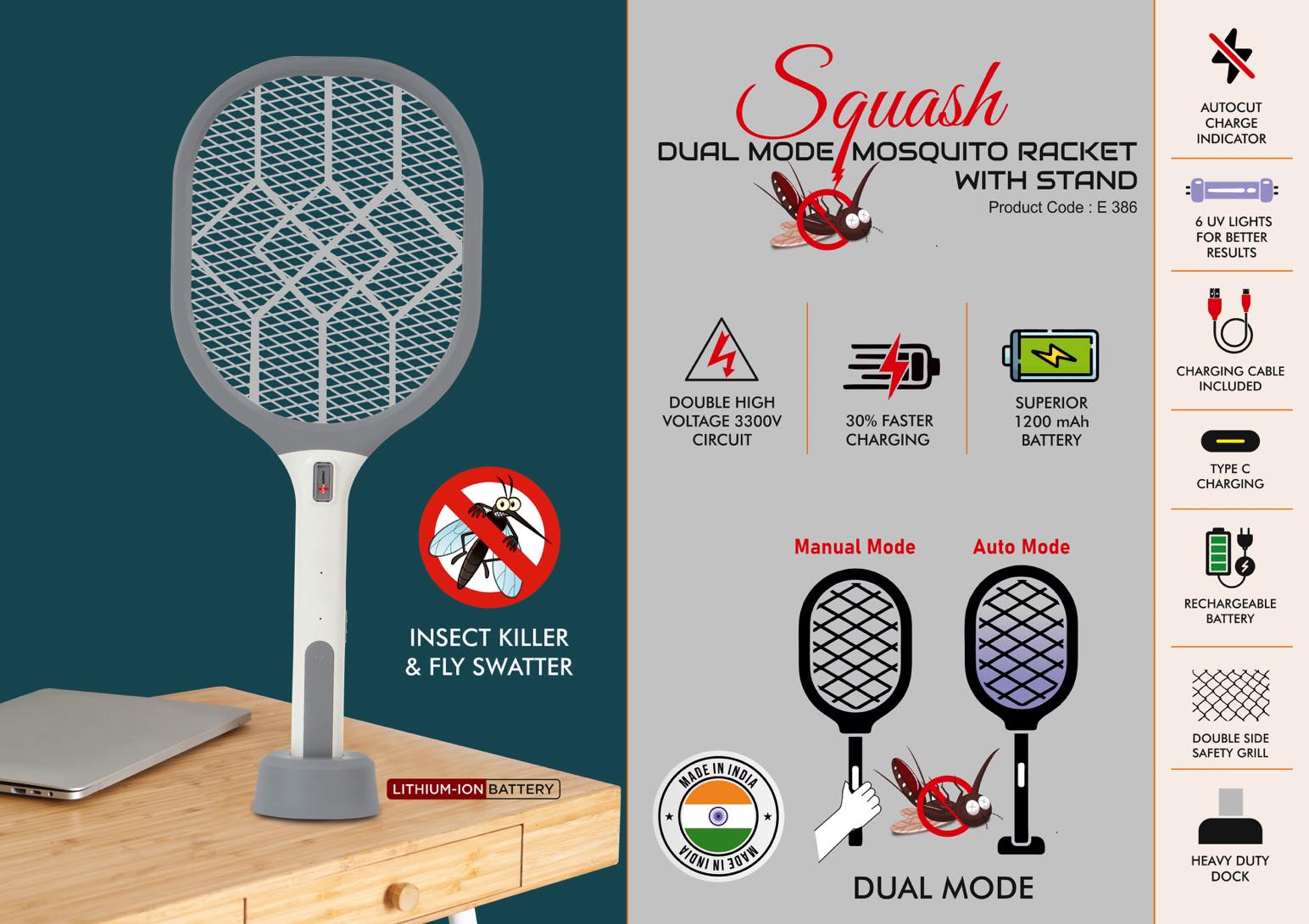 Squash: Dual Mode Mosquito racket with stand | UV Light I
Insect Killer & Fly Swatter I 1200 mAh rechargeable Battery