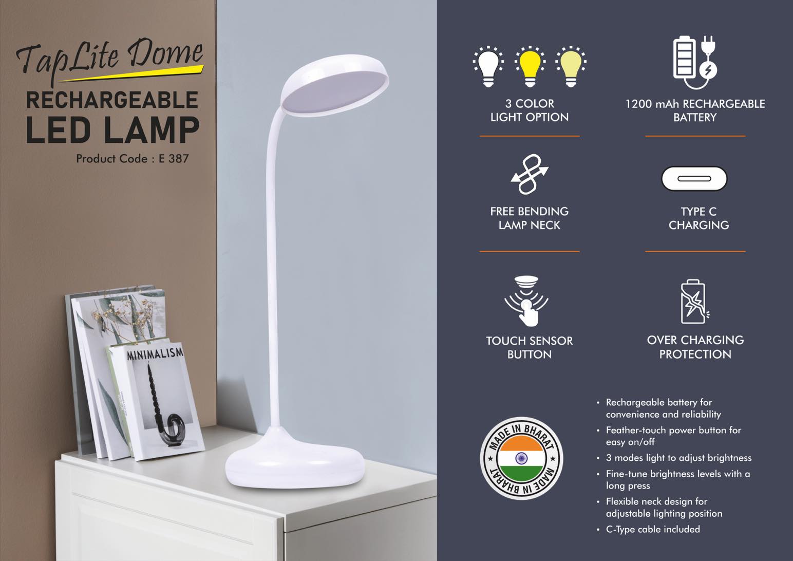 TapLite Dome : Rechargeable LED lamp | 3 Color light with
Brightness adjustment | Type C Charging