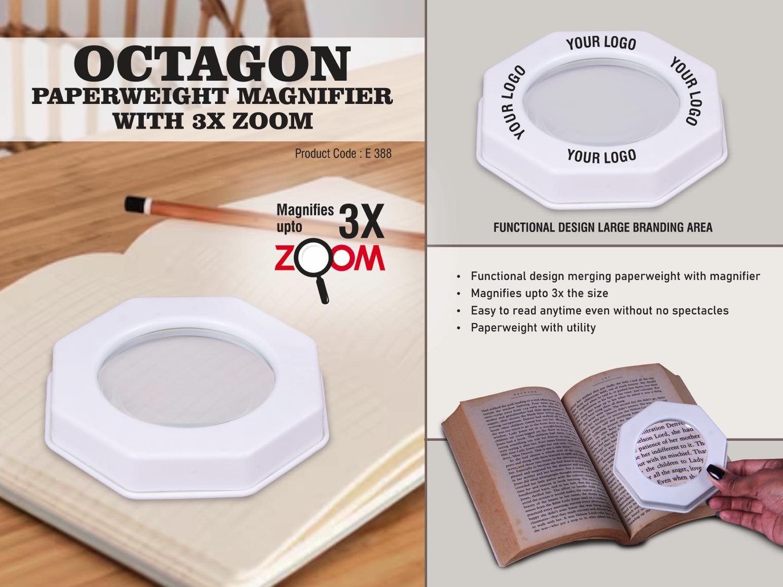 Octagon Paperweight magnifier with 3X Zoom