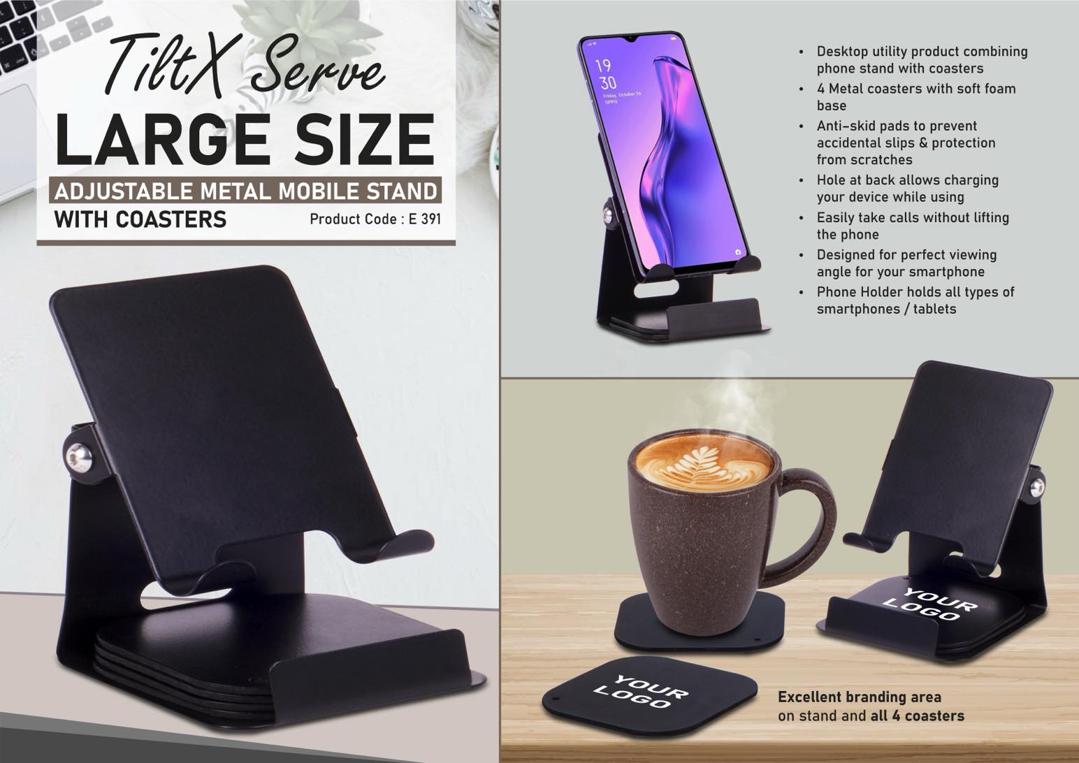 TiltX Serve: Large size Adjustable metal mobile stand with table
coasters | 4 metal coasters