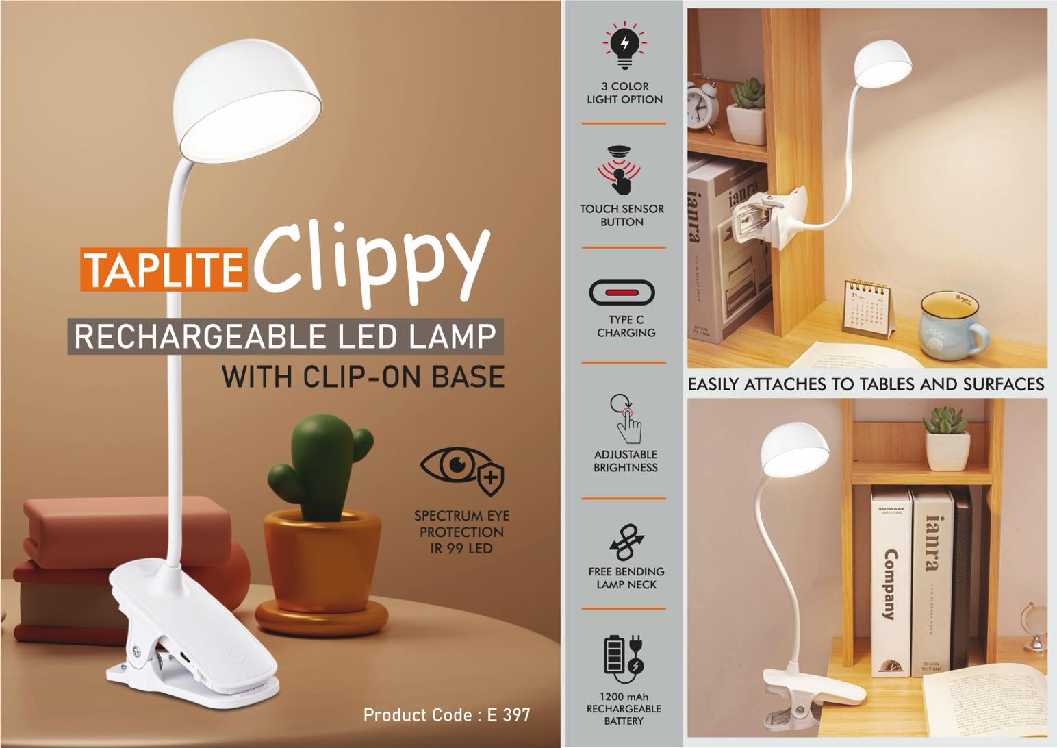 Taplite Clippy: Rechargeable LED lamp with clip on base | Can
be atatched to tables & other surfaces | 3 Color light with
Brightness adjustment | Type C Charging -
https://youtu.be/_Zv_BiyK-GE