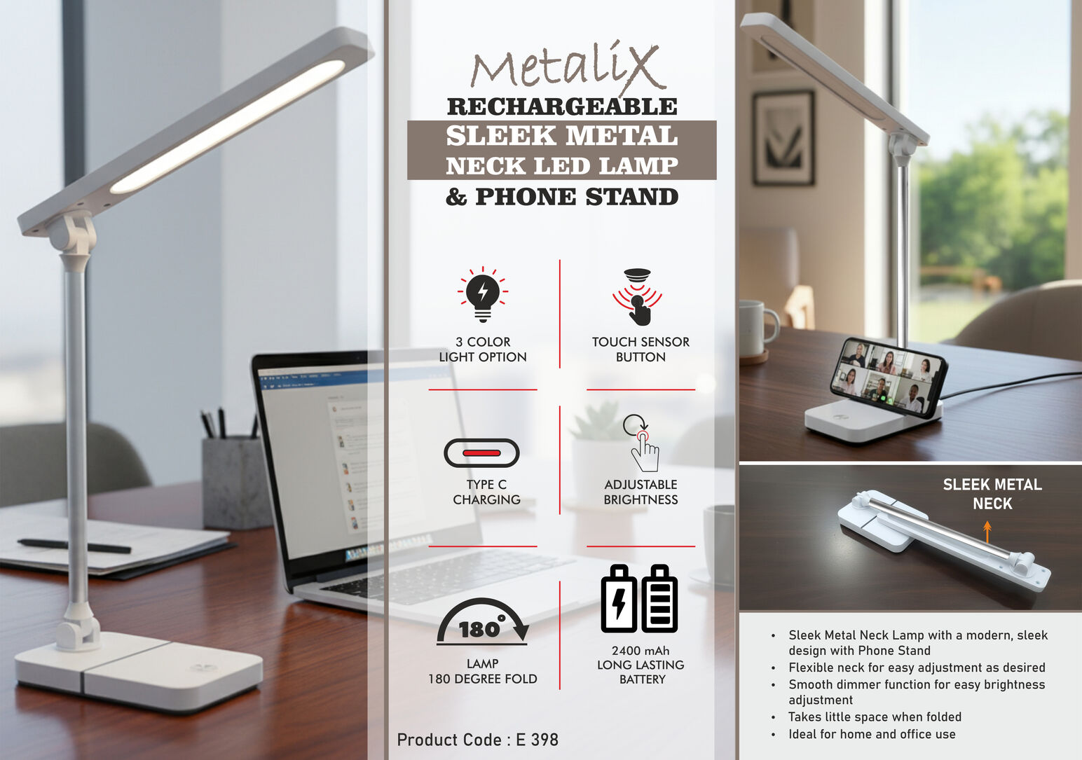 Metalix: Rechargeable Sleek metal neck LED lamp & Phone
stand | 3 Color light with Brightness adjustment | Type C
Charging