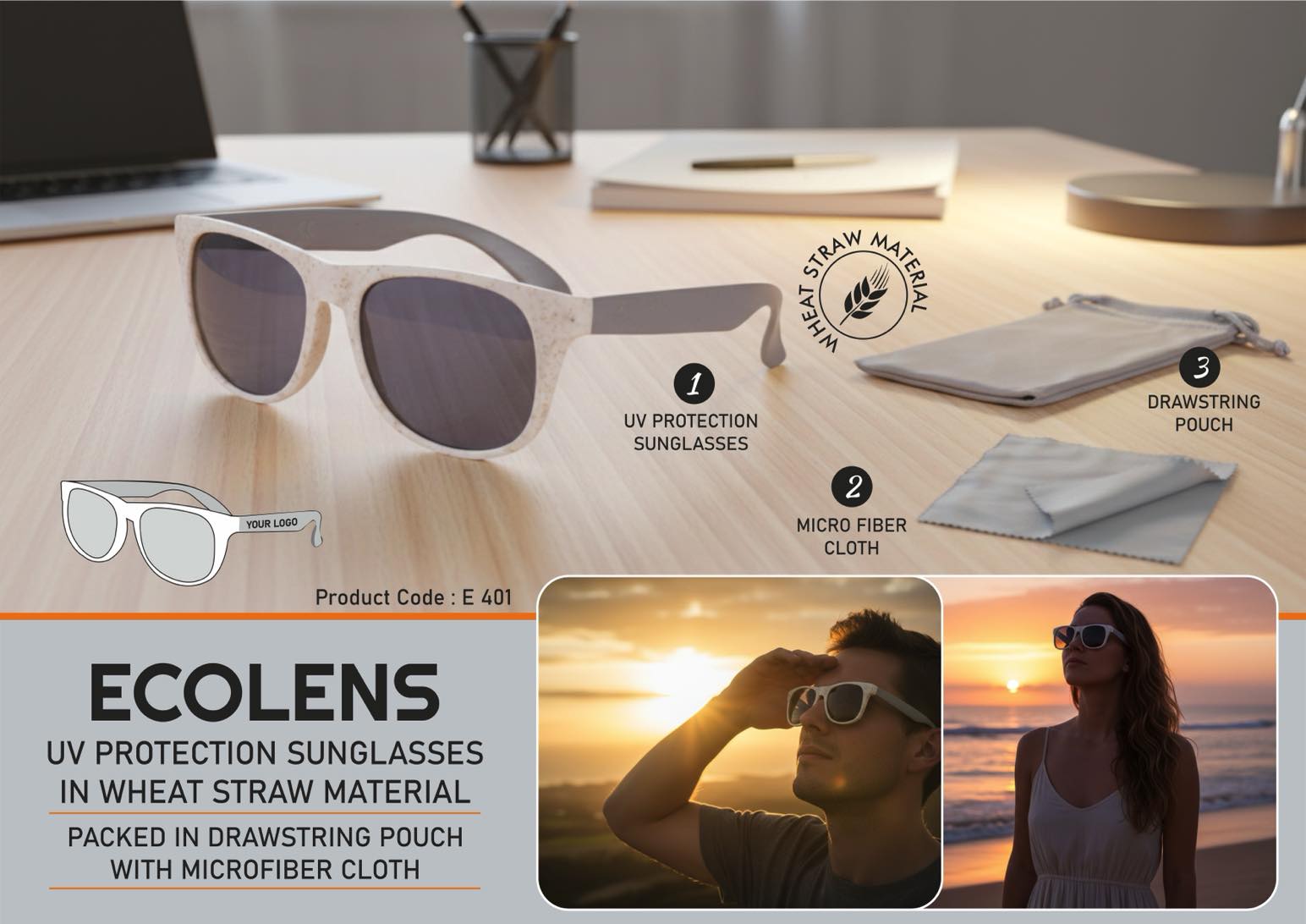 EcoLens: UV protection sunglasses in Wheat straw material |
Packed in drawstring pouch with Microfiber cloth