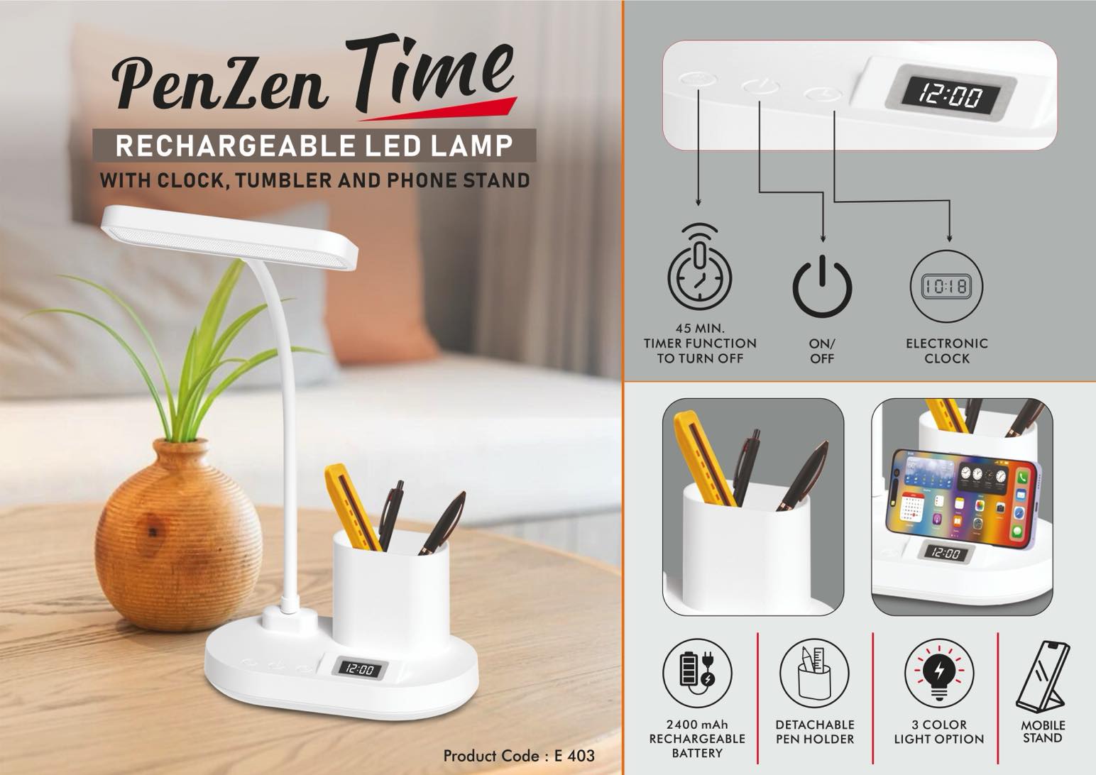 PenZen Time: Rechargeable LED lamp with Clock, Pen stand
tumbler and Phone stand | 3 Color light with Brightness
adjustment | Type C Charging | 2400 mAh battery