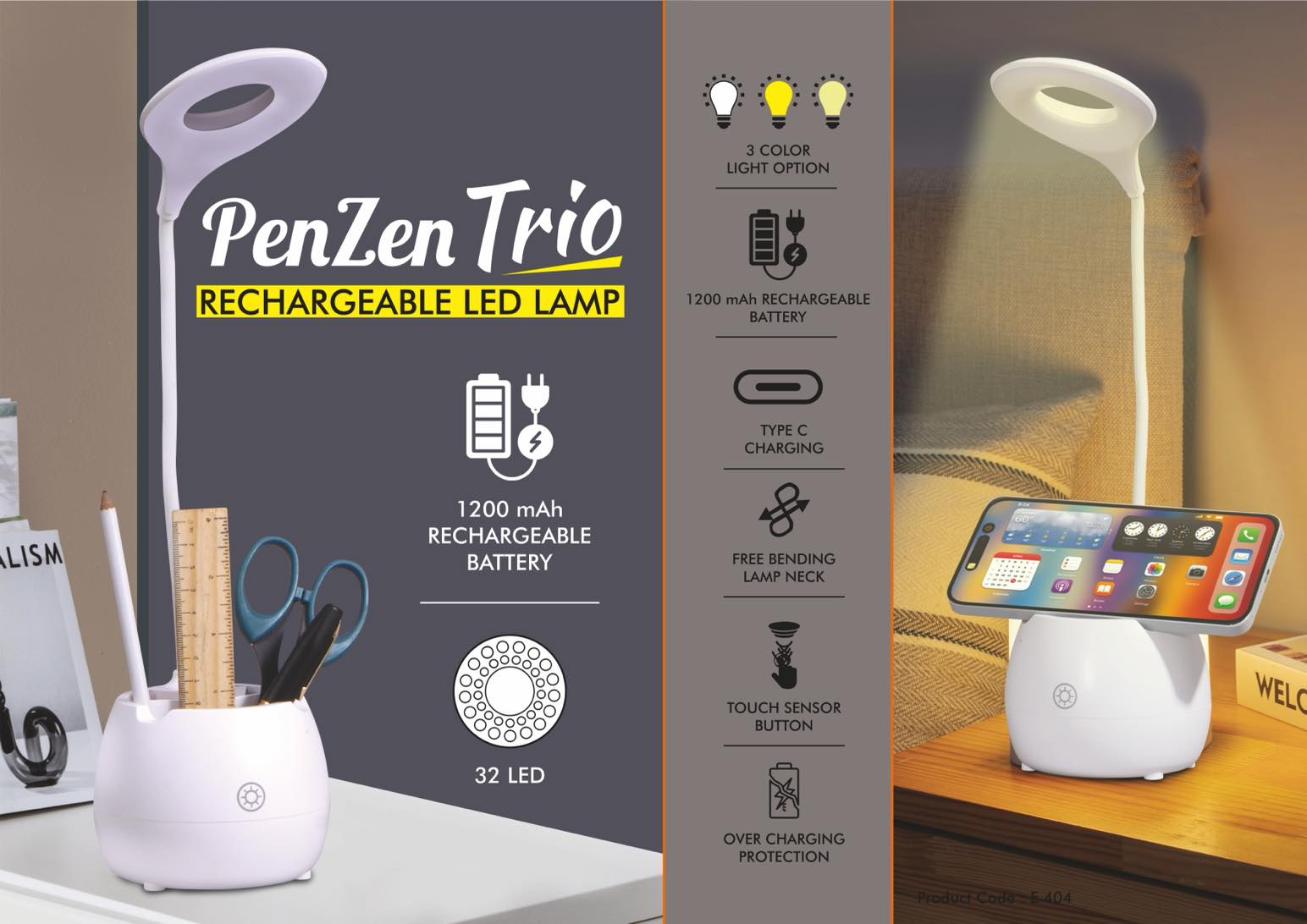 PenZen Trio: Rechargeable LED lamp with Pen stand tumbler
and Phone stand | 3 Color light with Brightness adjustment |
Type C Charging | 1200 mAh battery