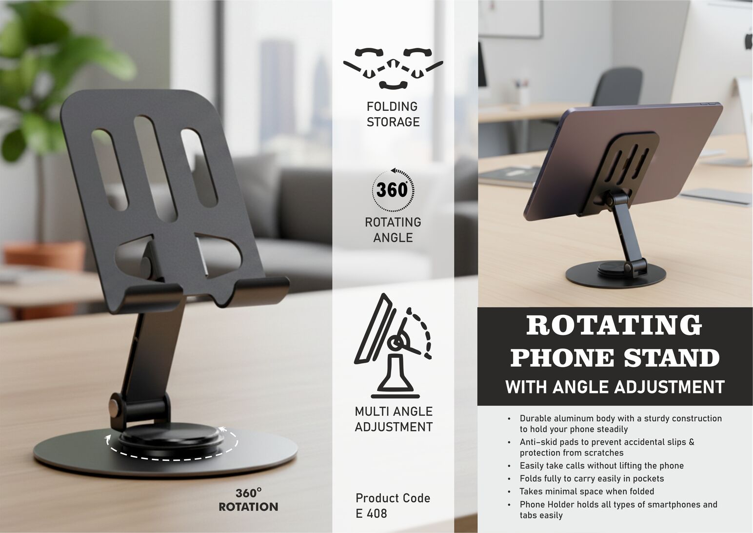 Rotating phone stand with Angle adjustment | Metal alloy body |
Foldable design