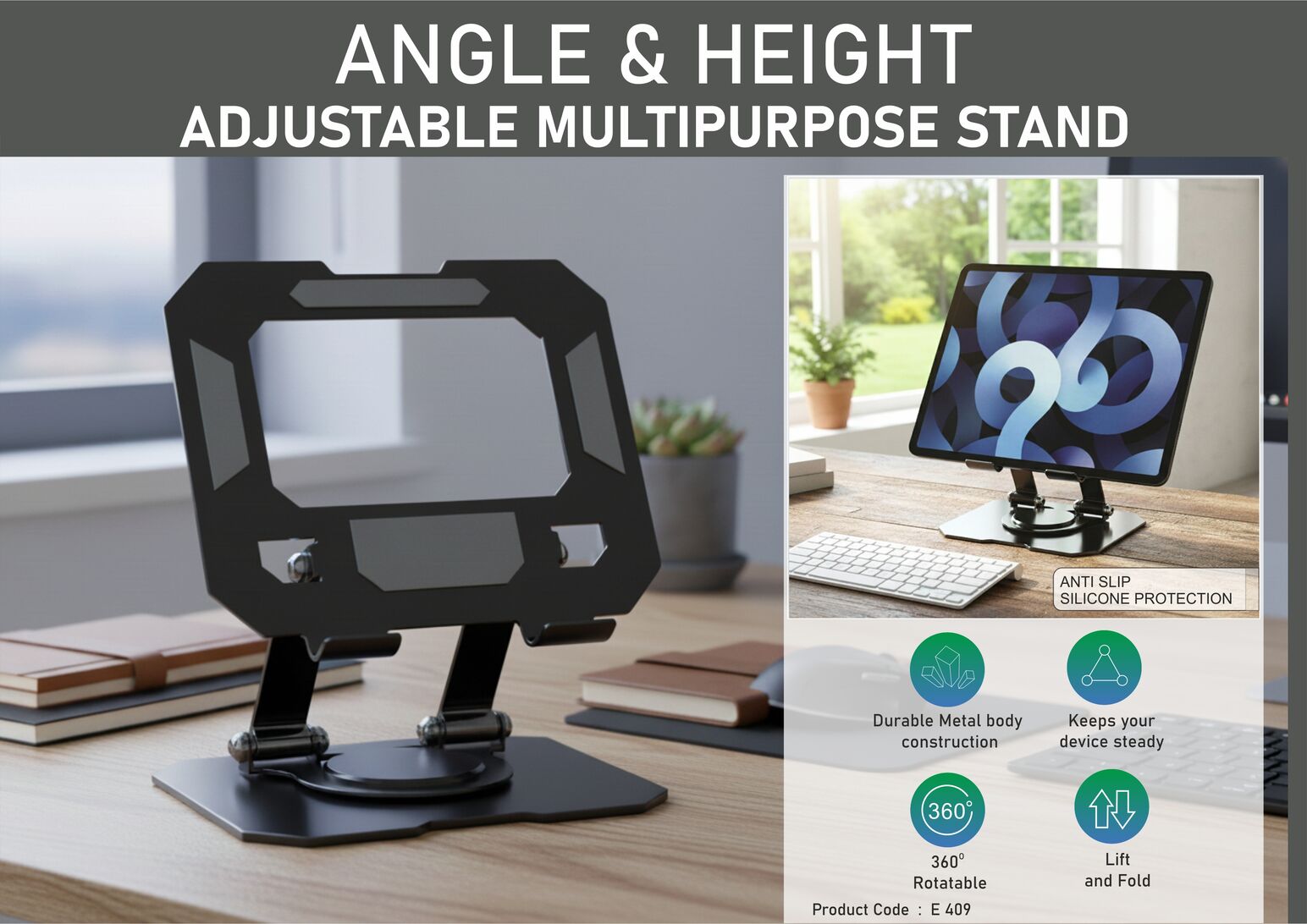 Angle & Height adjustable multipurpose stand | Suitable for
mobile & tablets | Rotating base | Metal Alloy body