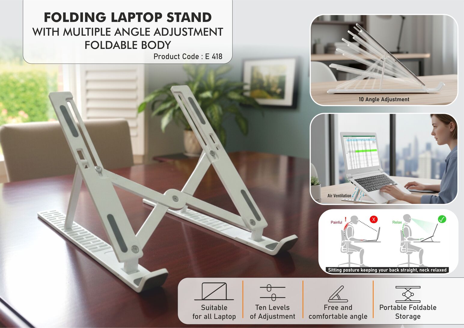 Folding laptop stand with Multiple Angle adjustment | Foldable
body