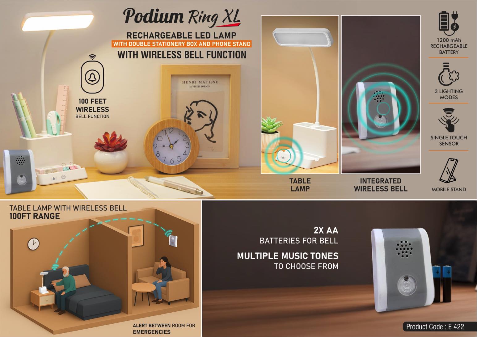 Podium Ring XL: Rechargeable LED lamp with Wireless Bell
Function | Double stationery box and Phone stand | 3 Color light
with Brightness adjustment | Type C Charging | 1200 mAh
battery