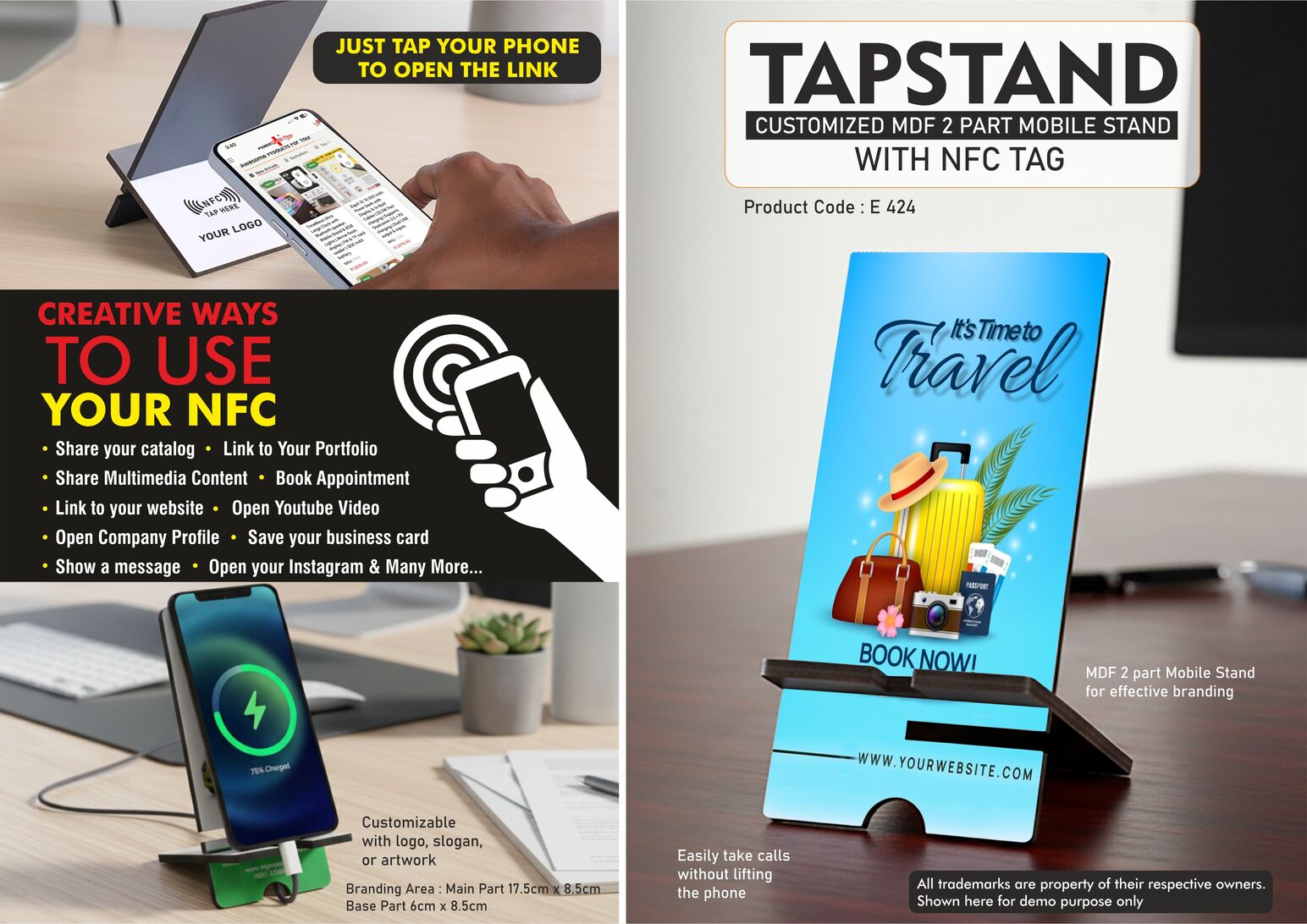 TapStand : Customized MDF 2 part Mobile stand with NFC Tag |
Link to your Catalog, Website, Video, etc | Double angle
adjustment -
https://youtu.be/6wgnLwSvRaM