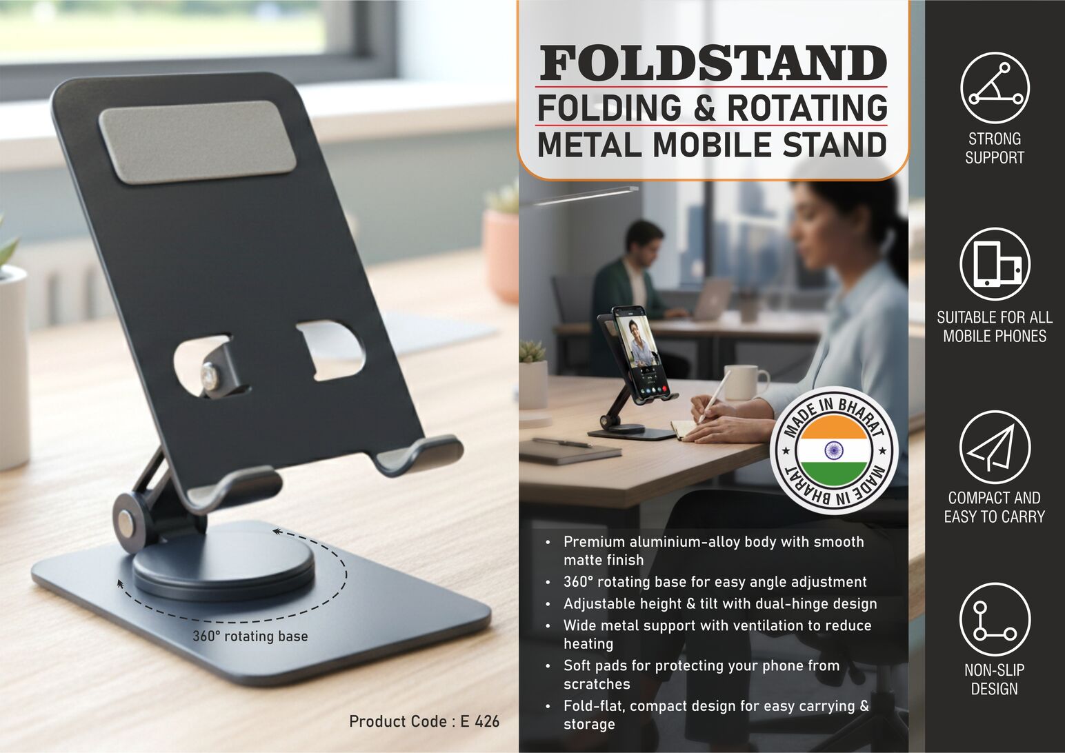 Foldstand: Folding & Rotating Metal Mobile Stand | Folds
completely to take minimal space