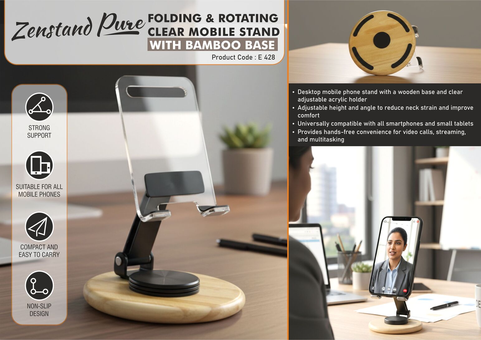 Zenstand Pure: Folding & Rotating Clear Mobile Stand with
bamboo base | Folds completely to take minimal space