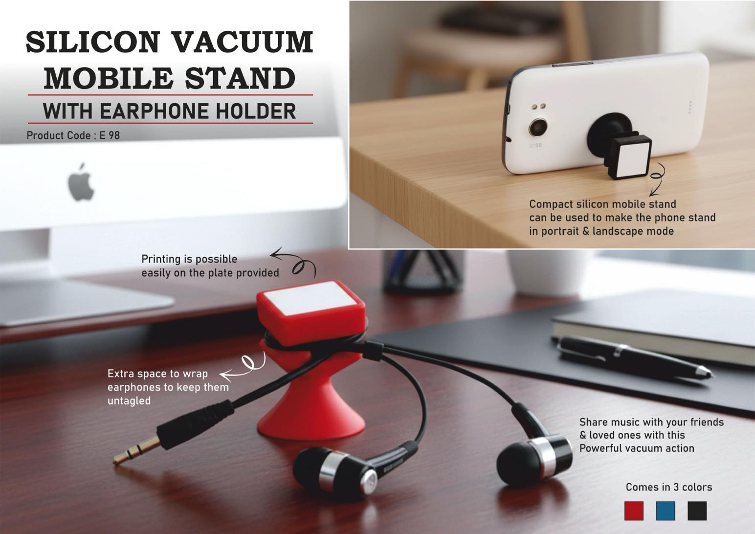 Silicon vacuum mobile stand with earphone holder