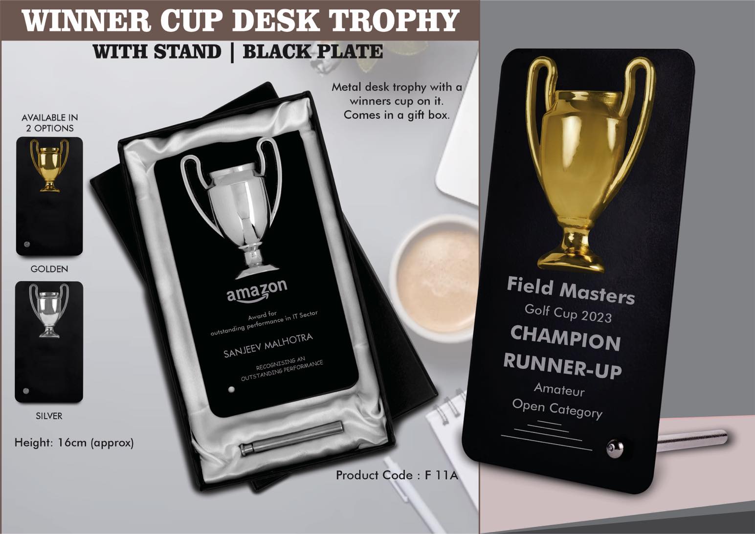 Winner Cup Desk Trophy with stand | Shiny Chrome Cup with
Black Plate