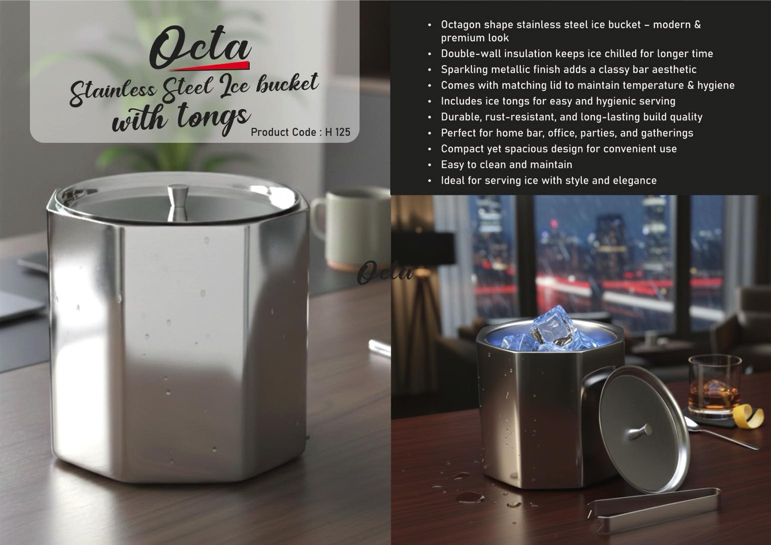 Octa SS Ice bucket with tongs