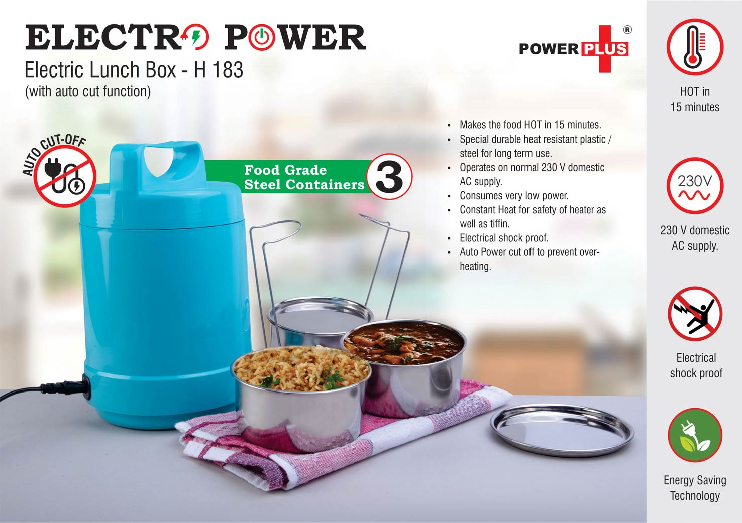 Electro Steel: 3 container electric steel lunch box with Auto cut
function