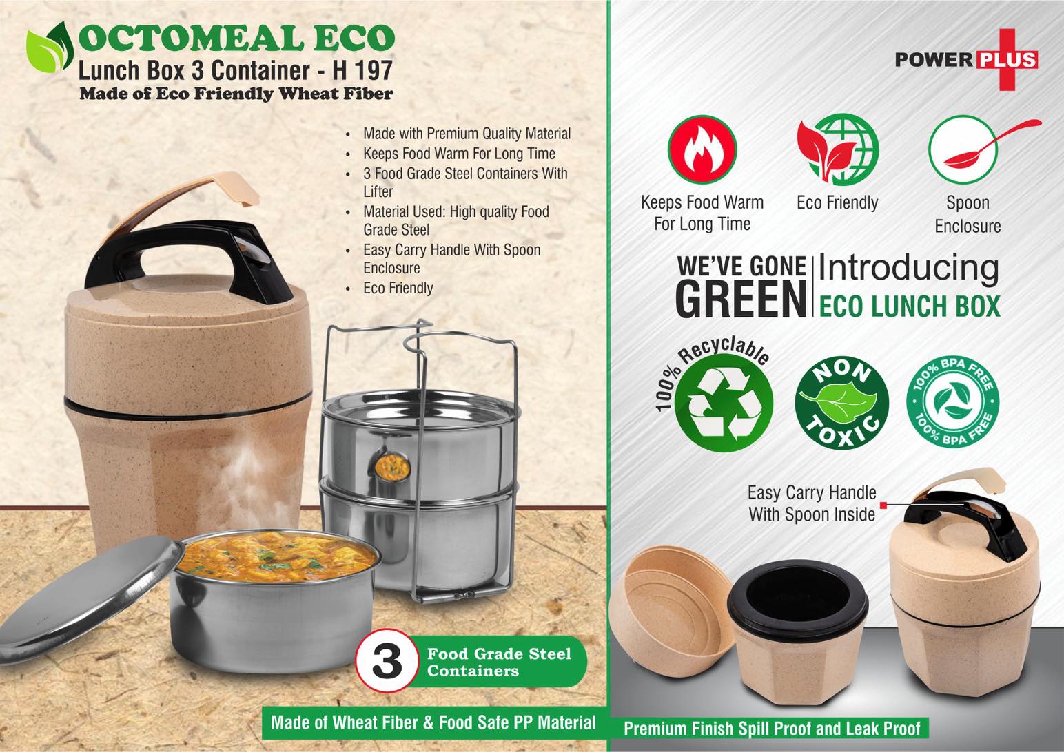 Octomeal Eco: 3 Steel container lunch box with spoon | Made
from Eco friendly material | 100% recyclable -
https://youtu.be/cMOUp1zmq-o