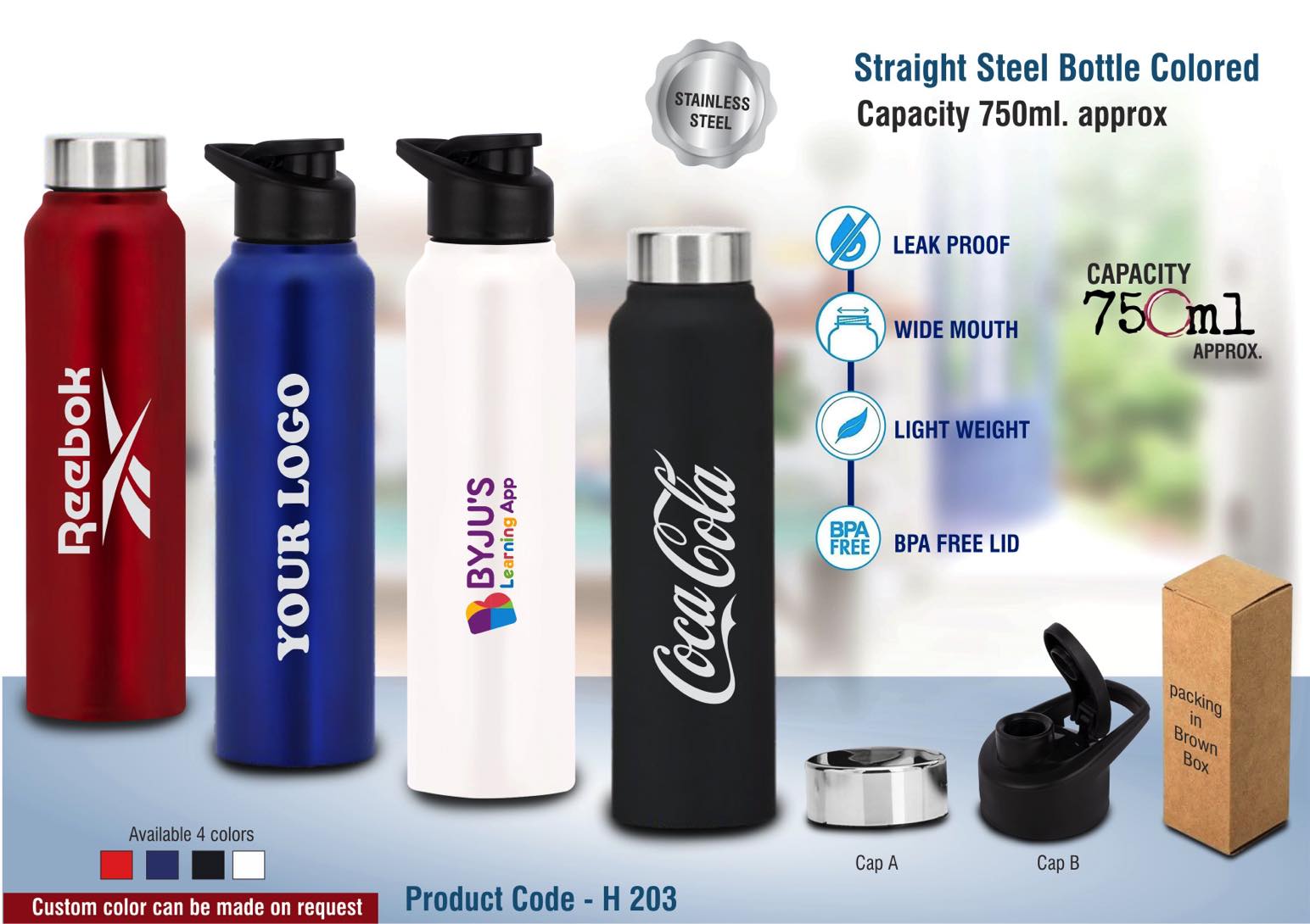 Straight steel single wall bottle Colored | Capacity 750ml approx