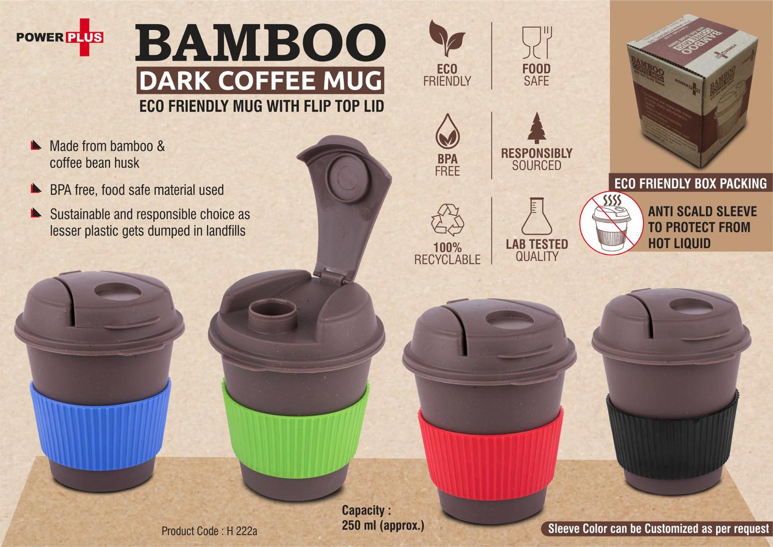 Bamboo Dark Coffee mug: Eco friendly mug with flip top Lid and
Anti-Scald sleeve | Capacity 250 ml -
https://youtu.be/BKTYFzWp5Kw