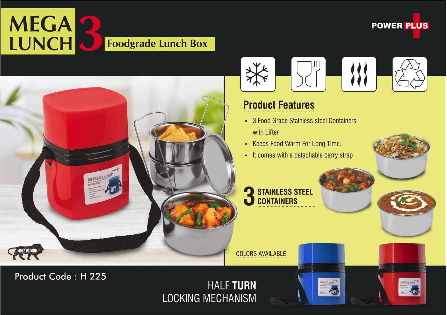 Power Plus Mega Steel Lunch Box- 3 Stainless steel containers
with lifter