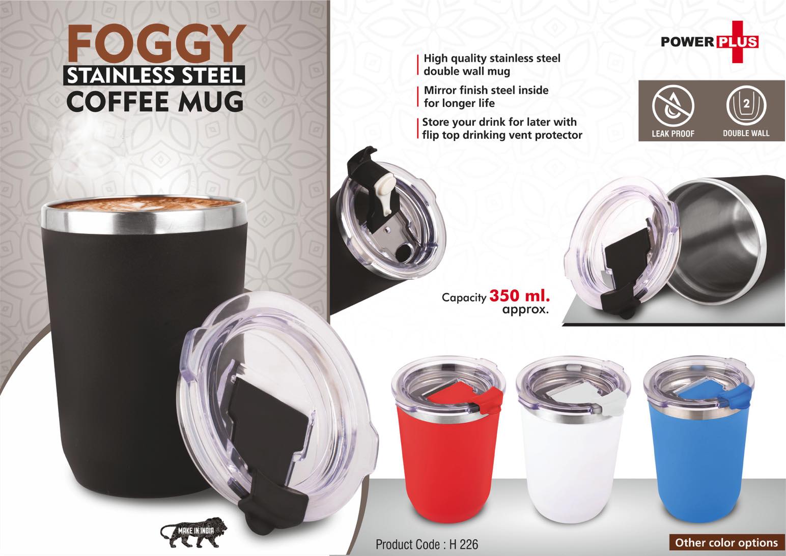 Foggy: Stainless Steel coffee mug | Premium clear cap with flip
top lid | Leak Proof | Capacity 350ml approx -
https://youtu.be/2Drhg_0JEE0