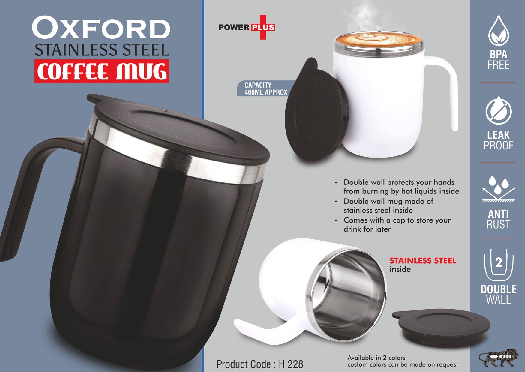 Oxford: Stainless Steel Double wall Coffee mug with Round
handle | Leak Proof | Capacity 460ml approx