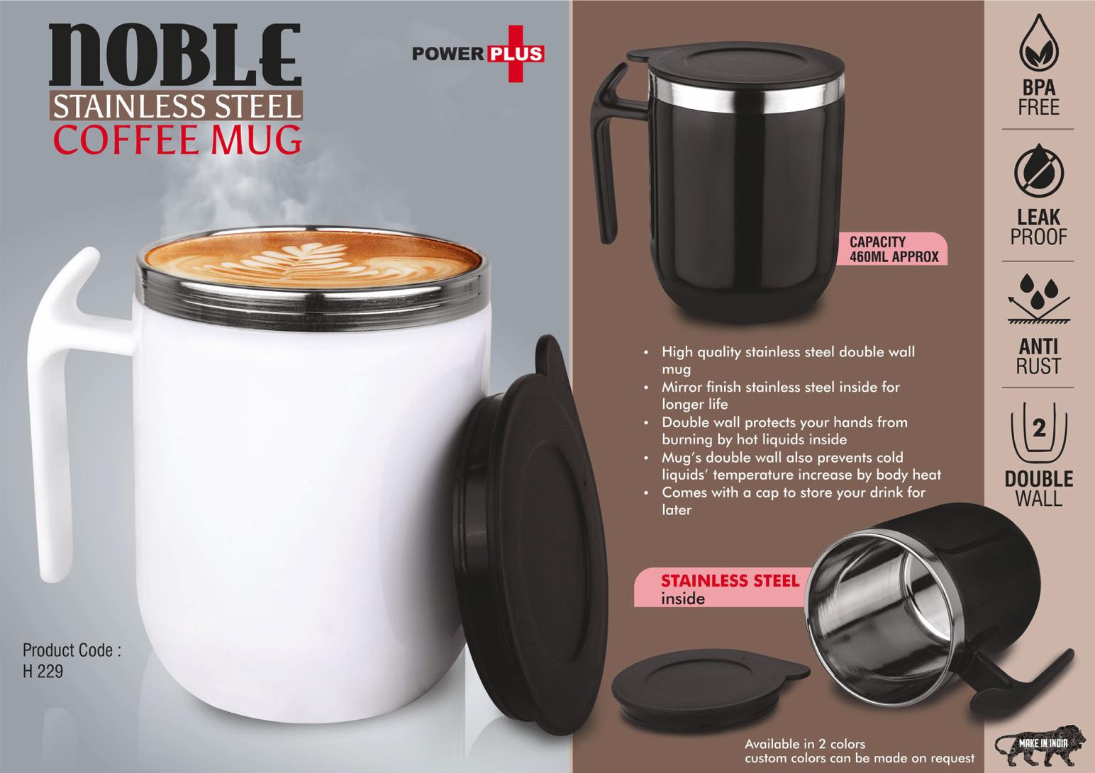 Noble: Stainless Steel Double wall Coffee mug with Pointy
handle | Leak Proof | Capacity 460ml approx