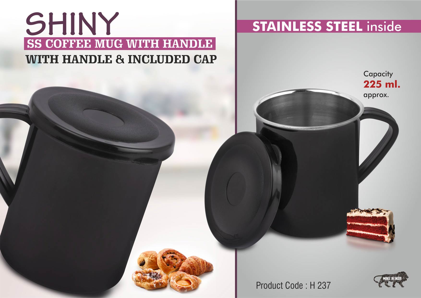 Shiny Steel Coffee mug with handle | Cap included | Capacity
225ml approx