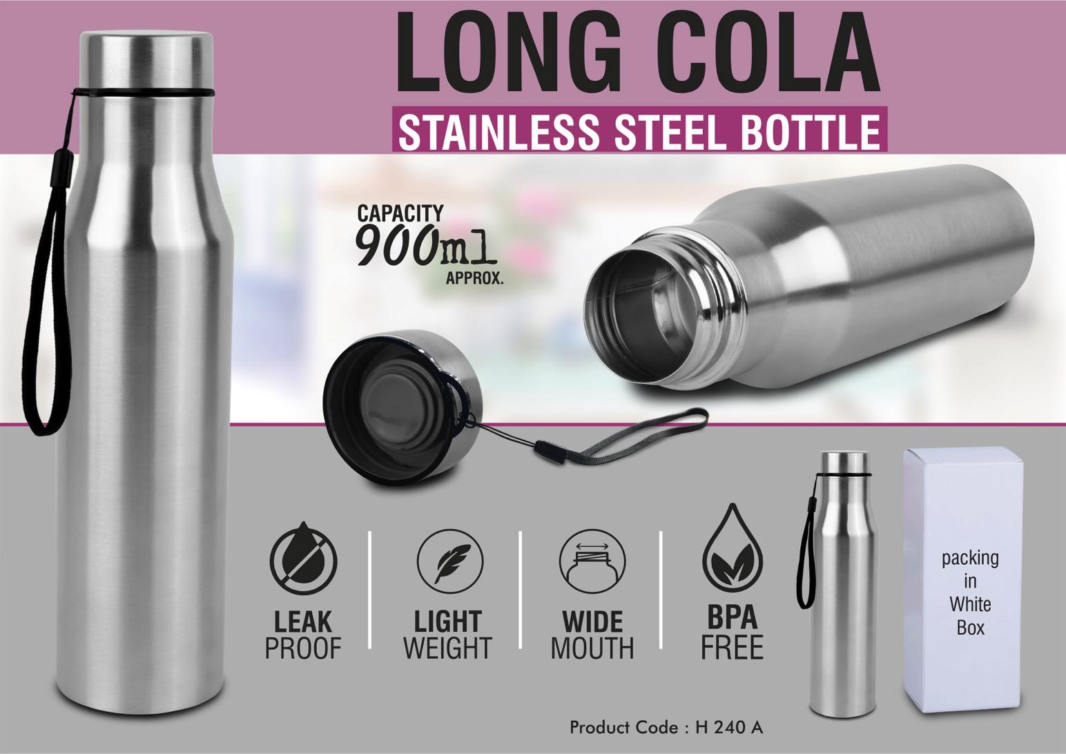 Long cola stainless steel single wall bottle with carry strap |
Capacity 900ml approx