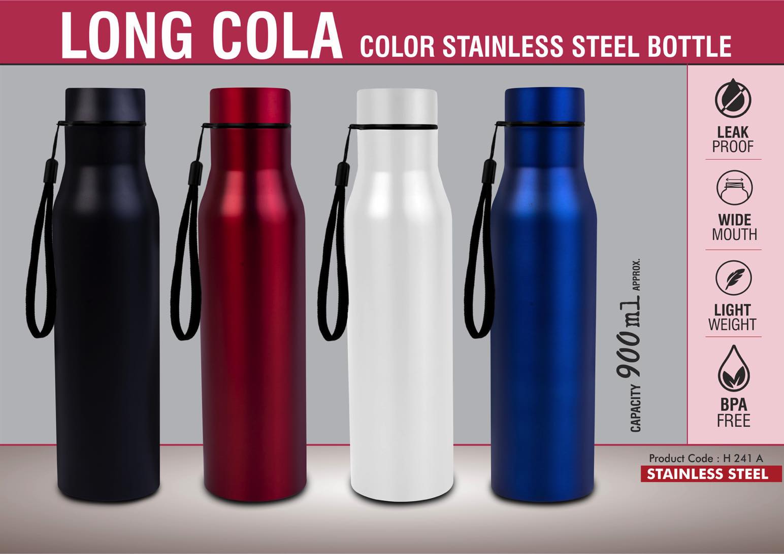 Long Cola Colored Stainless steel single wall bottle | With
Colored Cap & Carry strap | Capacity 900ml approx