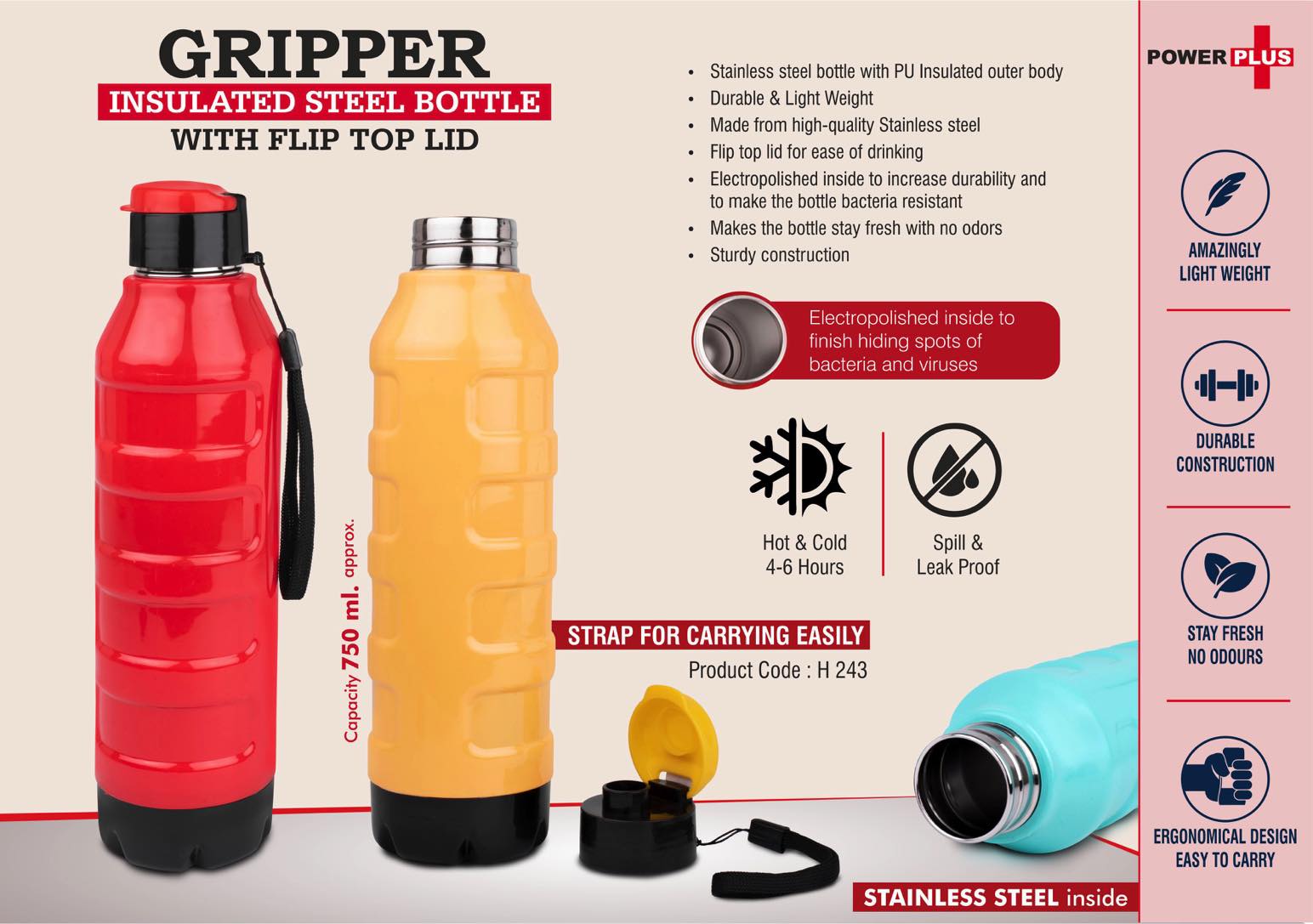 Gripper: Insulated Steel Bottle with Flip top lid | Keeps Hot &
Cold for 4-6 Hours | Capacity 750 ml approx