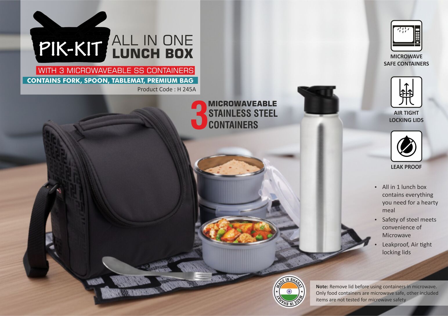 PIK-KIT: All in 1 Lunch box with 3 Microwaveable Steel
containers | Contains SS bottle, Fork, Spoon, Tablemat,
Premium Bag: https://youtu.be/VywBjG302JM