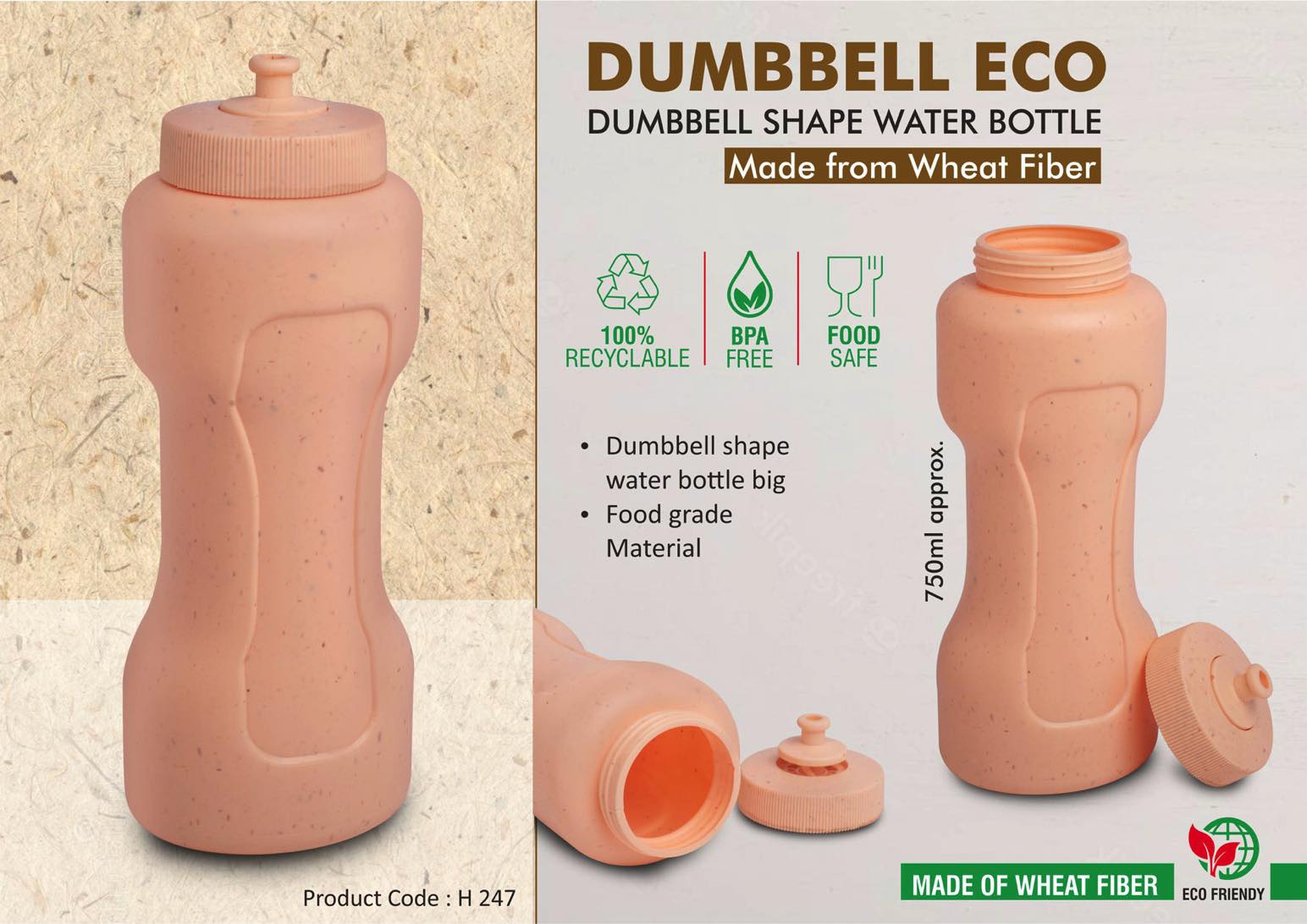Dumbbell Eco 750: Sipper water bottle | Made from Wheat Fiber
| 100% recyclable | 750ml approx