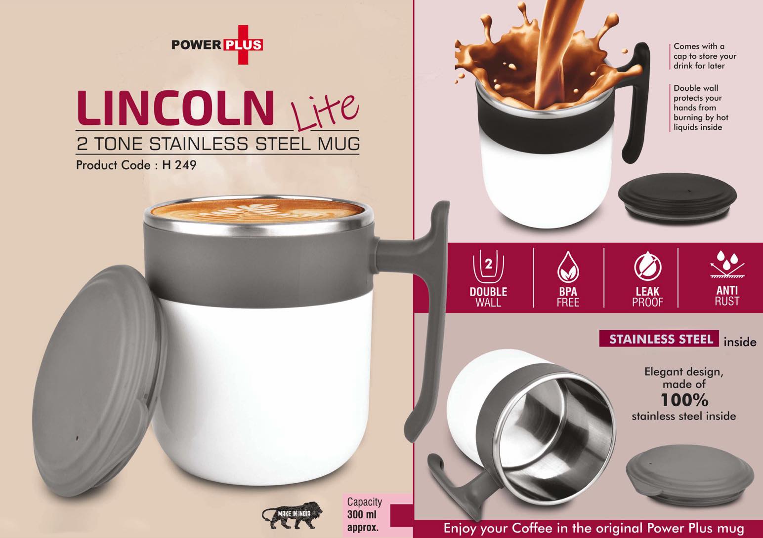 Lincoln Lite: 2 Tone Stainless steel Mug with Lid | Leak proof |
BPA Free | Capacity 300 ml approx